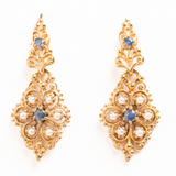 Vintage 9ct Gold Sapphire and Seed Pearl Drop Earrings