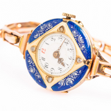 Antique Swiss 14 ct Gold Blue Guilloché Enamel And Diamond Wristwatch