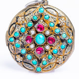 Antique Austro Hungarian Turquoise Garnet and Pearl Enamel Locket