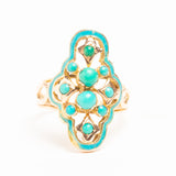 Antique Victorian 14ct Gold Blue Enamel and Turquoise Navette Ring