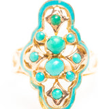 Antique Victorian 14ct Gold Blue Enamel and Turquoise Navette Ring