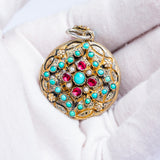 Antique Austro Hungarian Turquoise Garnet and Pearl Enamel Locket