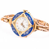 Antique Swiss 14 ct Gold Blue Guilloché Enamel And Diamond Wristwatch