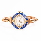 Antique Swiss 14 ct Gold Blue Guilloché Enamel And Diamond Wristwatch